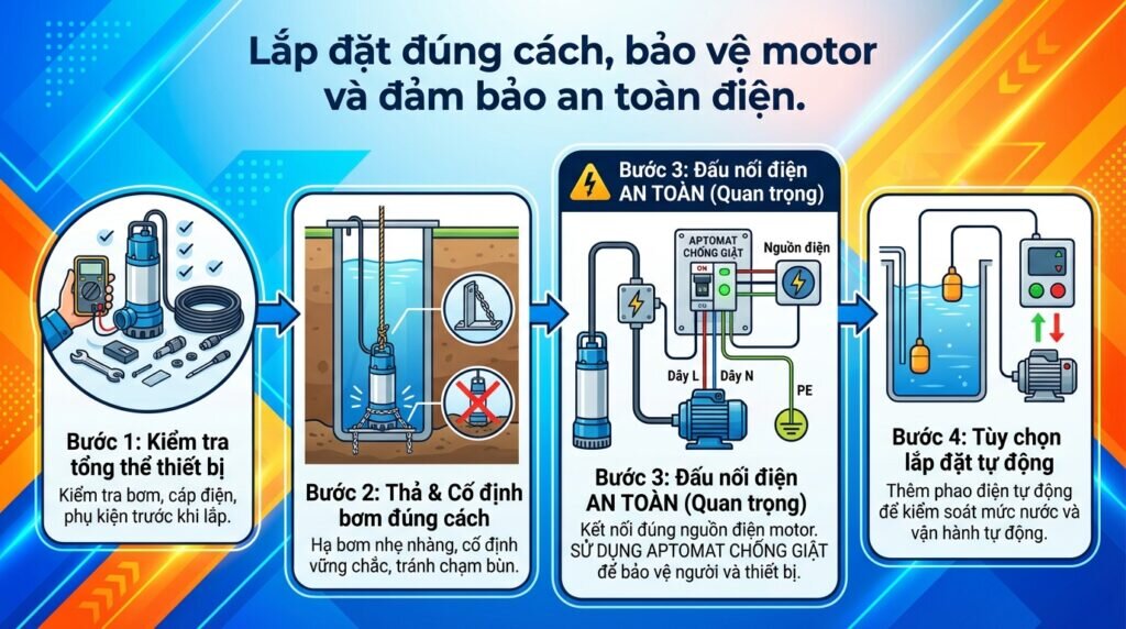 Lắp đặt đúng cách, bảo vệ motor và đảm bảo an toàn điện.