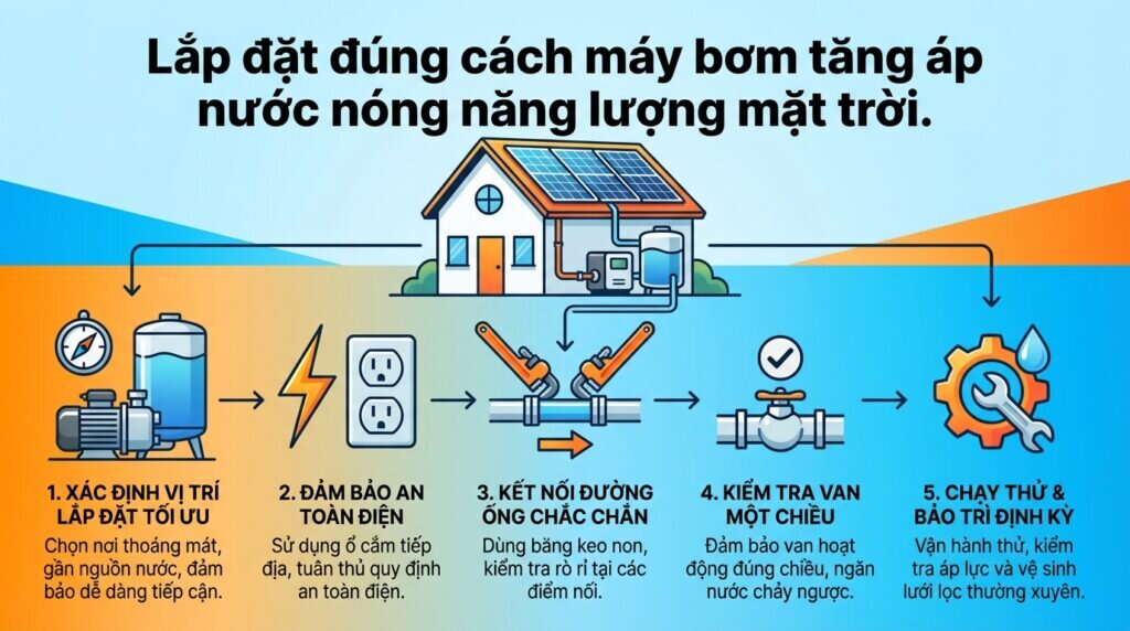 Lắp đặt đúng cách máy bơm tăng áp nước nóng năng lượng mặt trời.