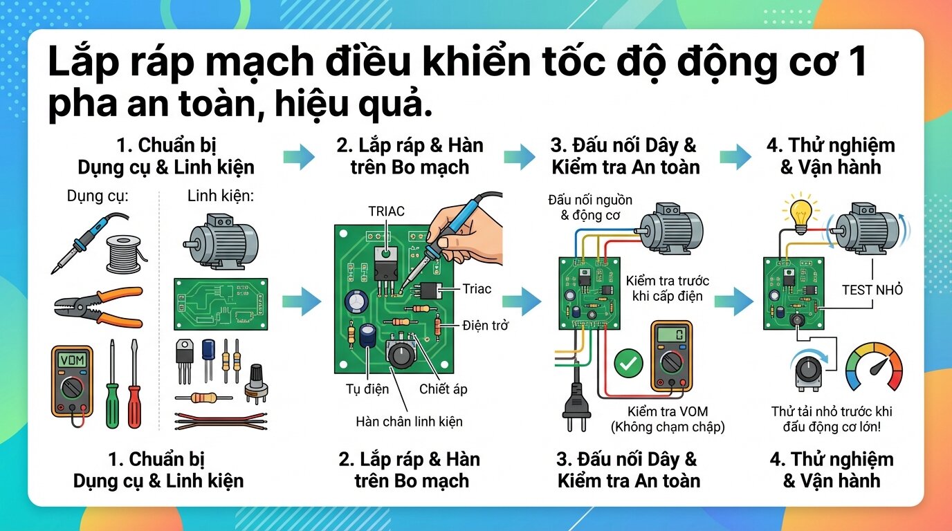 Lắp ráp mạch điều khiển tốc độ động cơ 1 pha an toàn, hiệu quả.