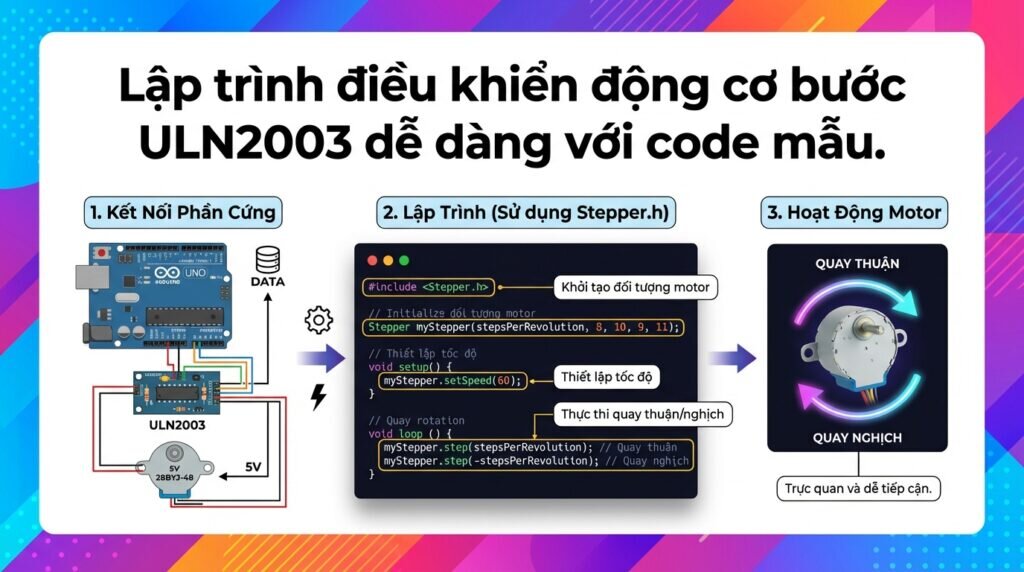 Lập trình điều khiển động cơ bước ULN2003 dễ dàng với code mẫu.