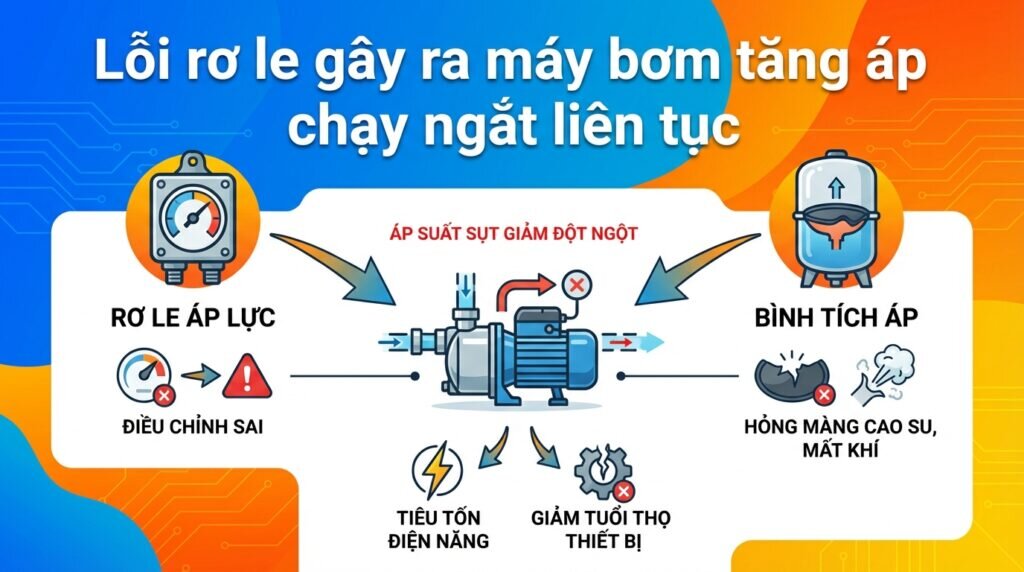 Lỗi rơ le gây ra máy bơm tăng áp chạy ngắt liên tục.