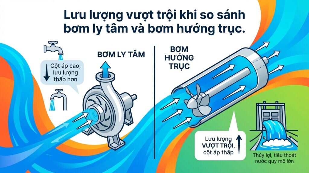 Lưu lượng vượt trội khi so sánh bơm ly tâm và bơm hướng trục.