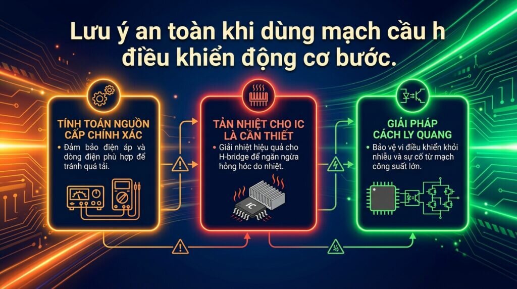 Lưu ý an toàn khi dùng mạch cầu h điều khiển động cơ bước.