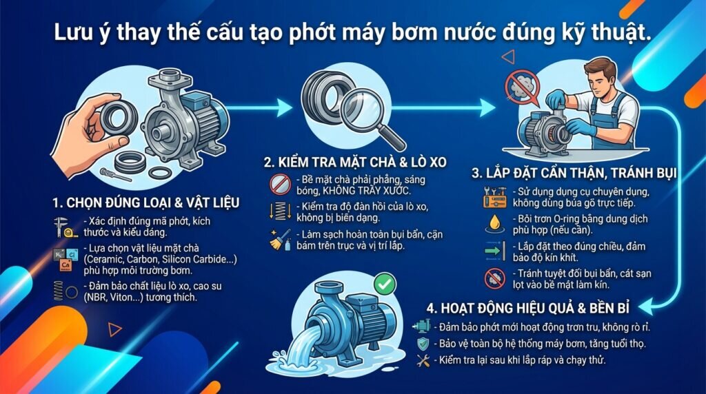 Lưu ý thay thế cấu tạo phớt máy bơm nước đúng kỹ thuật.