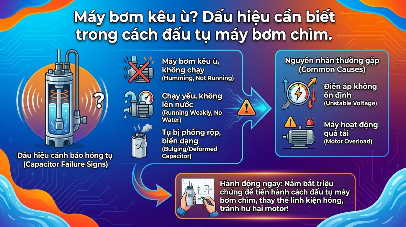 Máy bơm kêu ù? Dấu hiệu cần biết trong cách đấu tụ máy bơm chìm.