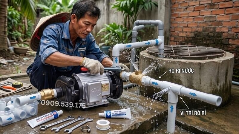 Máy bơm nước 2 đầu bị rò rỉ nước khi lắp đặt xong.