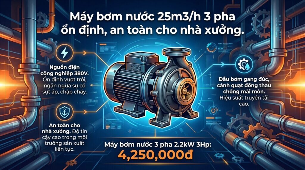 Máy bơm nước 25m3/h 3 pha ổn định, an toàn cho nhà xưởng.