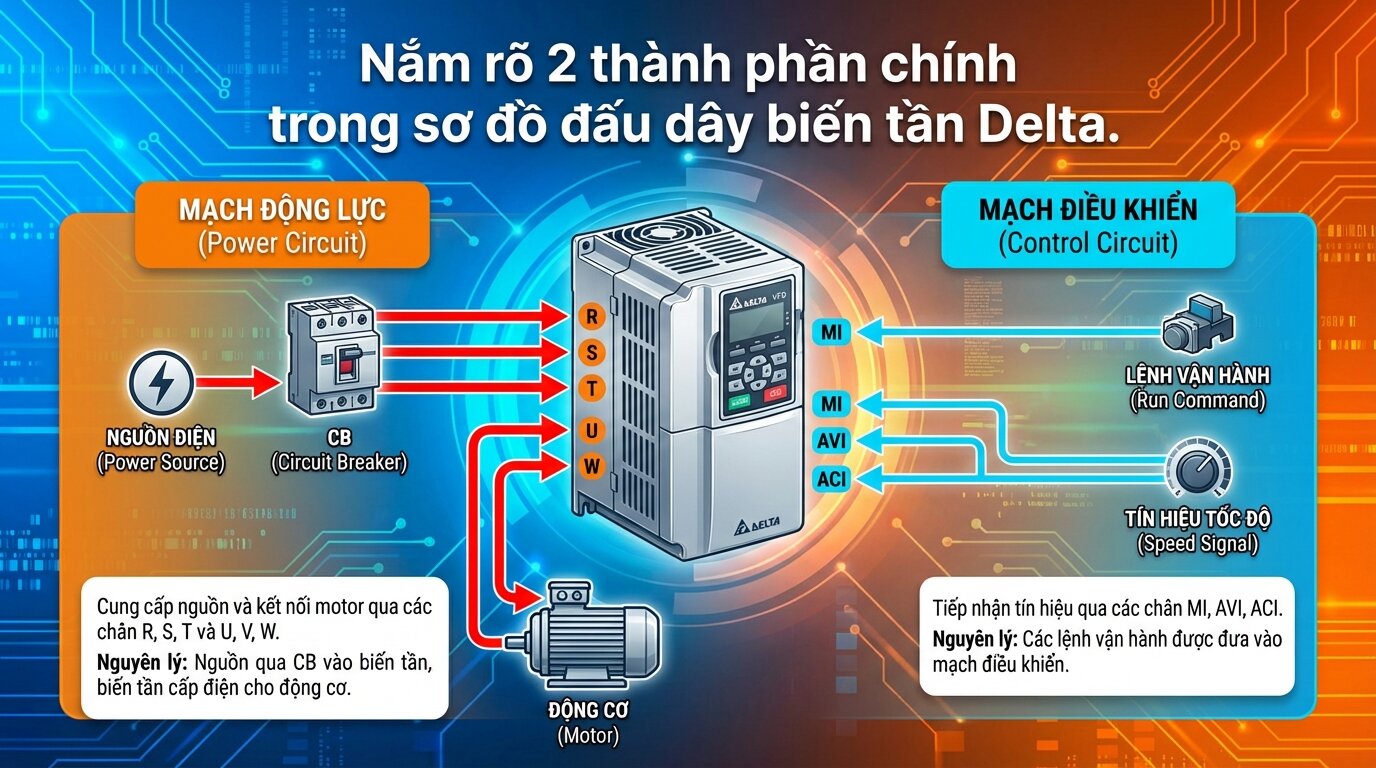 Nắm rõ 2 thành phần chính trong sơ đồ đấu dây biến tần Delta.
