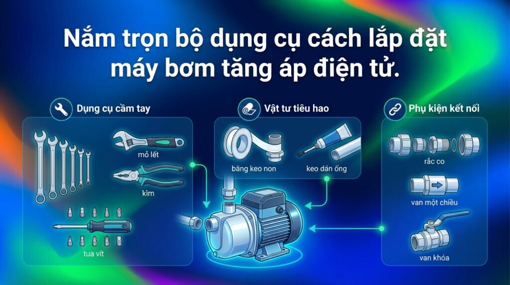 Nắm trọn bộ dụng cụ cách lắp đặt máy bơm tăng áp điện tử.