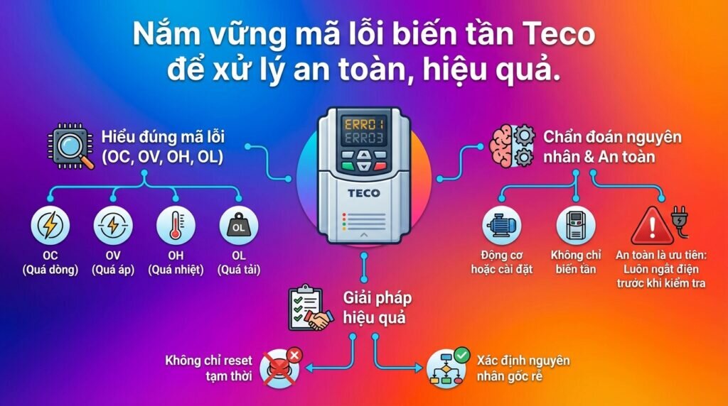 Nắm vững mã lỗi biến tần Teco để xử lý an toàn, hiệu quả.