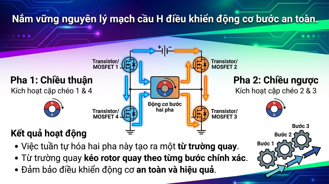 Nắm vững nguyên lý mạch cầu H điều khiển động cơ bước an toàn.