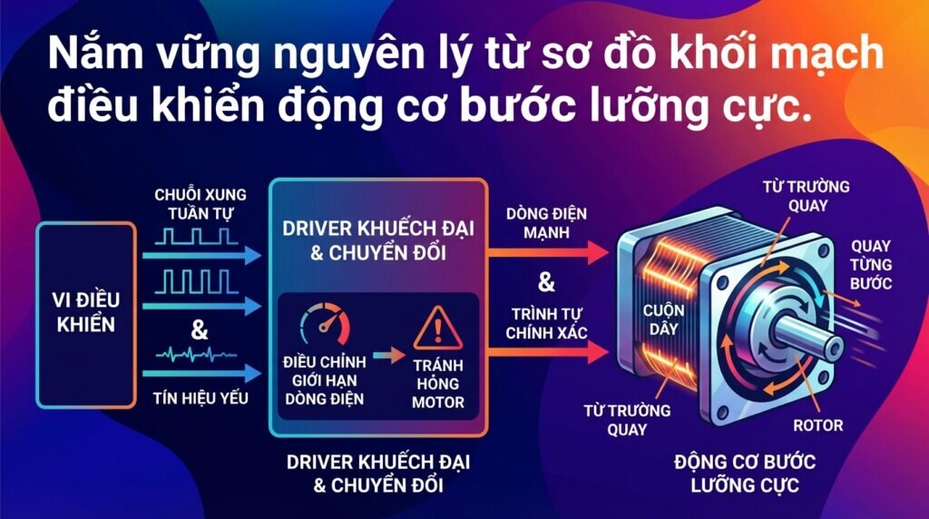 Nắm vững nguyên lý từ sơ đồ khối mạch điều khiển động cơ bước lưỡng cực.