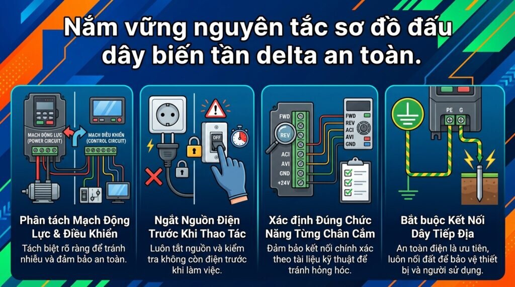 Nắm vững nguyên tắc sơ đồ đấu dây biến tần delta an toàn.