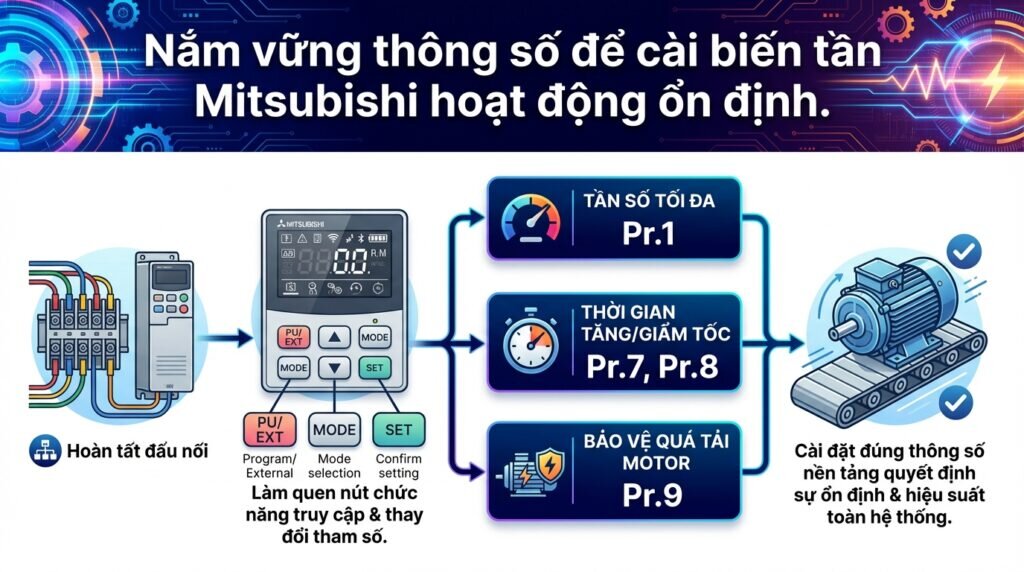Nắm vững thông số để cài biến tần Mitsubishi hoạt động ổn định.