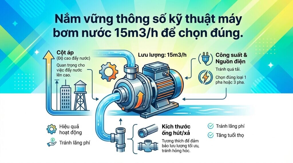Nắm vững thông số kỹ thuật máy bơm nước 15m3/h để chọn đúng.