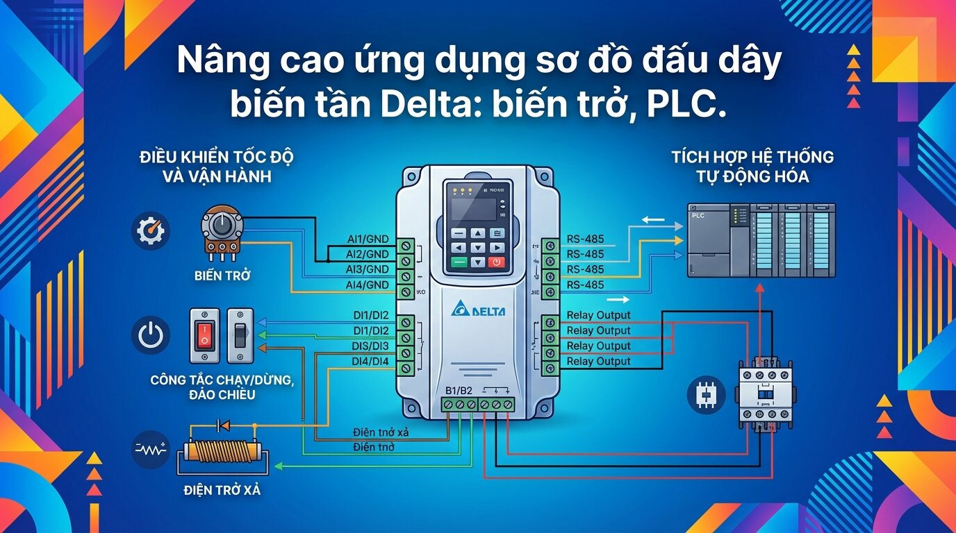 Nâng cao ứng dụng sơ đồ đấu dây biến tần Delta: biến trở, PLC.
