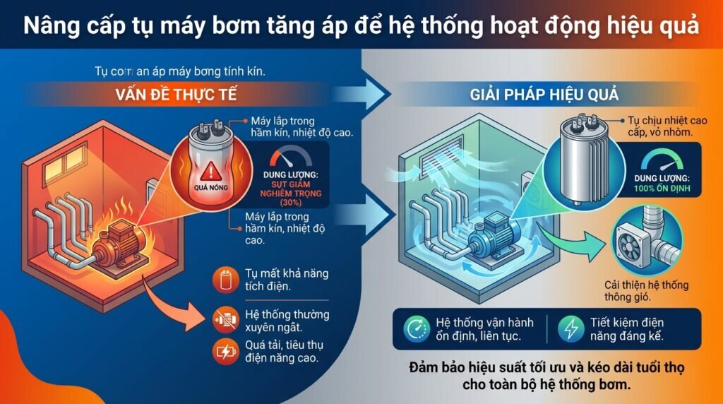 Nâng cấp tụ máy bơm tăng áp để hệ thống hoạt động hiệu quả.