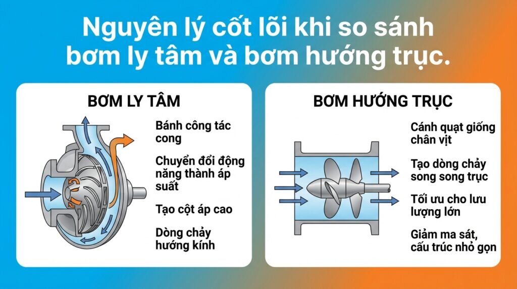 Nguyên lý cốt lõi khi so sánh bơm ly tâm và bơm hướng trục.