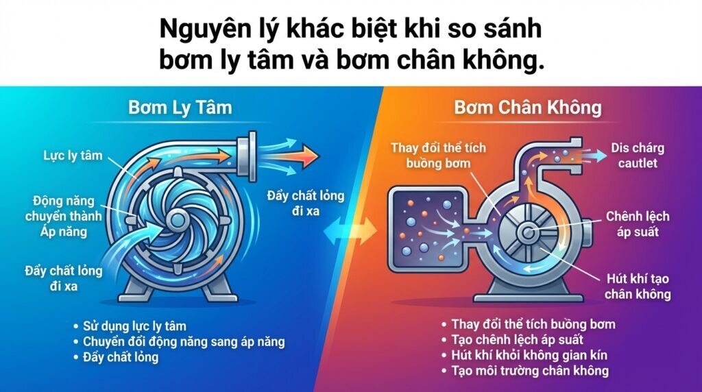 Nguyên lý khác biệt khi so sánh bơm ly tâm và bơm chân không.