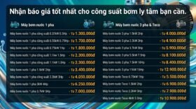 Nhận báo giá tốt nhất cho công suất bơm ly tâm bạn cần.