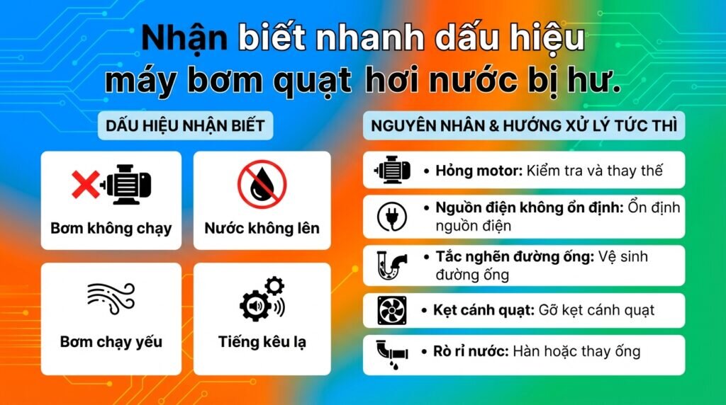 Nhận biết nhanh dấu hiệu máy bơm quạt hơi nước bị hư.