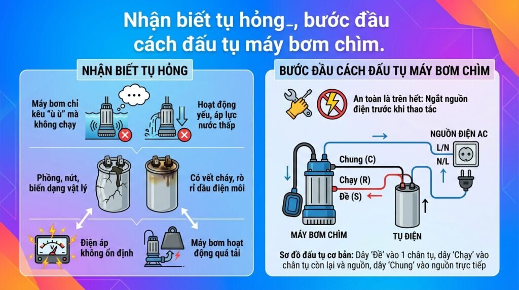 Nhận biết tụ hỏng, bước đầu cách đấu tụ máy bơm chìm.