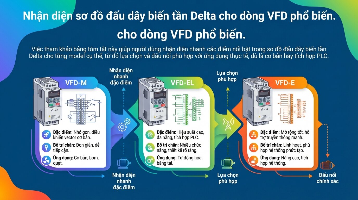 Nhận diện sơ đồ đấu dây biến tần Delta cho dòng VFD phổ biến.