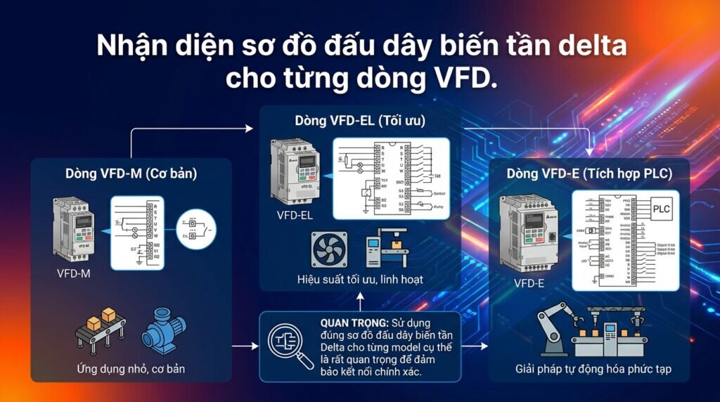 Nhận diện sơ đồ đấu dây biến tần delta cho từng dòng VFD.