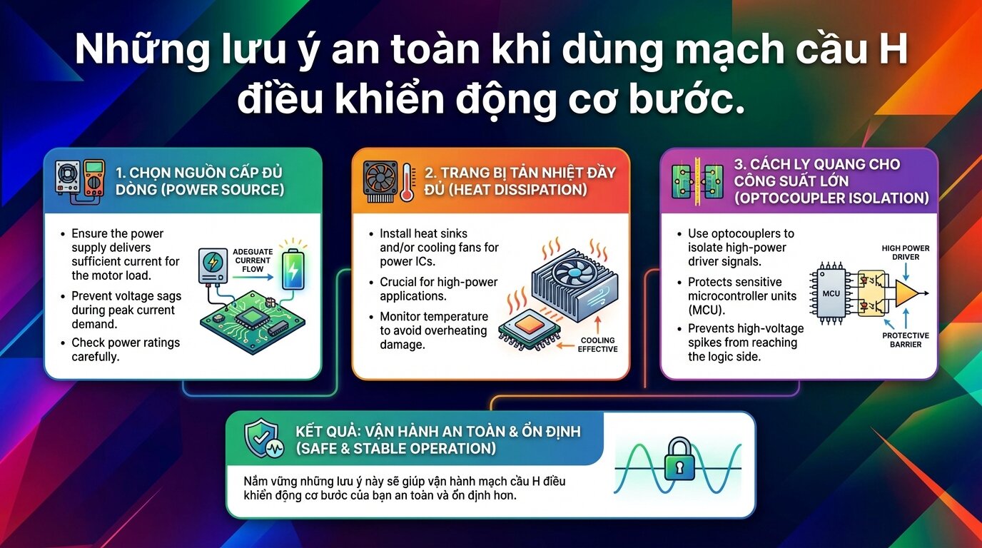 Những lưu ý an toàn khi dùng mạch cầu H điều khiển động cơ bước.