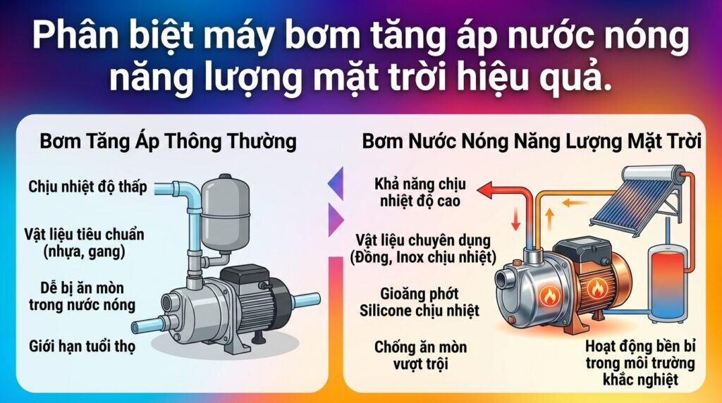 Phân biệt máy bơm tăng áp nước nóng năng lượng mặt trời hiệu quả.