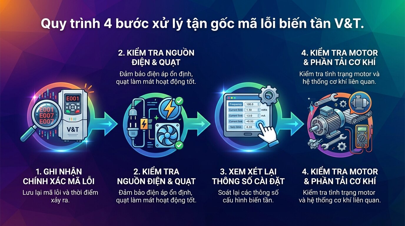 Quy trình 4 bước xử lý tận gốc mã lỗi biến tần V&T.
