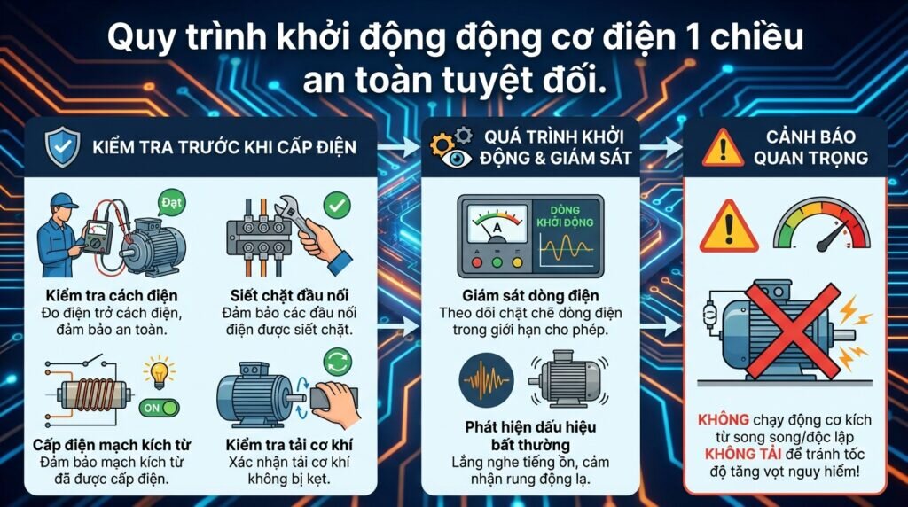 Quy trình khởi động động cơ điện 1 chiều an toàn tuyệt đối.