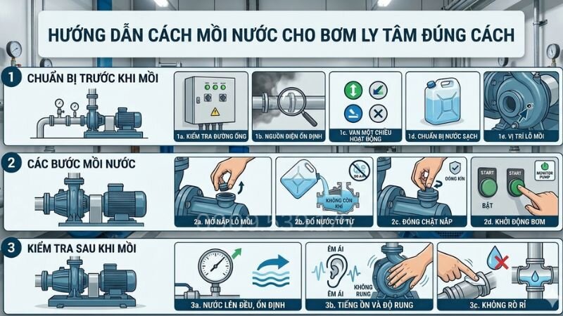 Quy trình và hướng dẫn cách mồi nước cho bơm ly tâm 