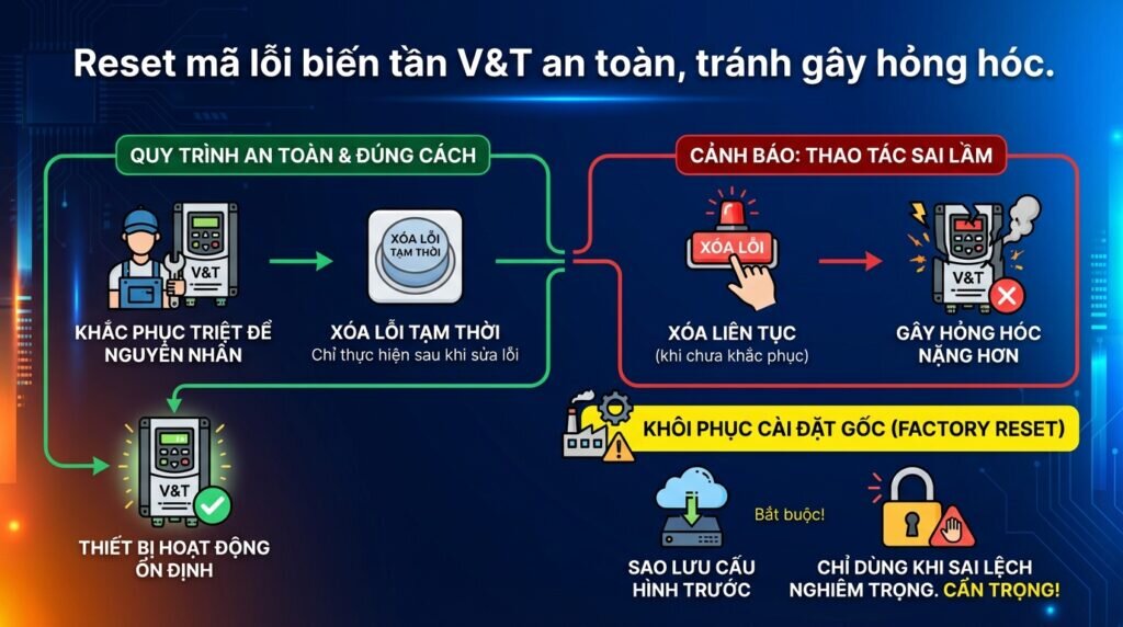 Reset mã lỗi biến tần V&T an toàn, tránh gây hỏng hóc.