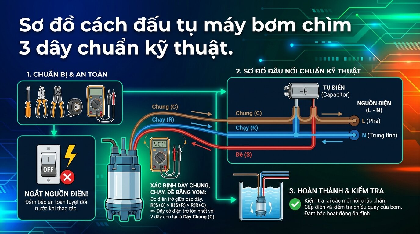 Sơ đồ cách đấu tụ máy bơm chìm 3 dây chuẩn kỹ thuật.