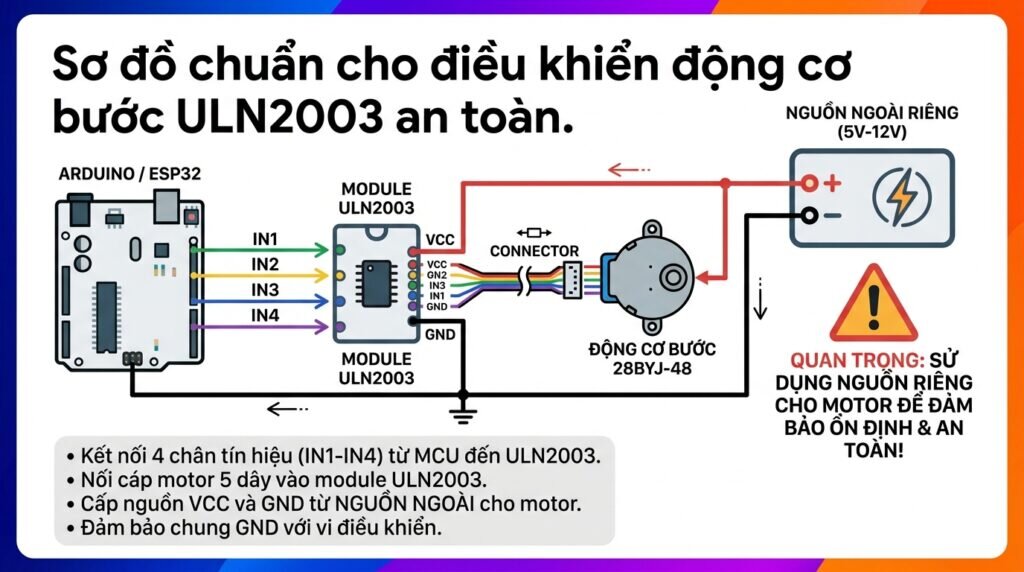 Sơ đồ chuẩn cho điều khiển động cơ bước ULN2003 an toàn.