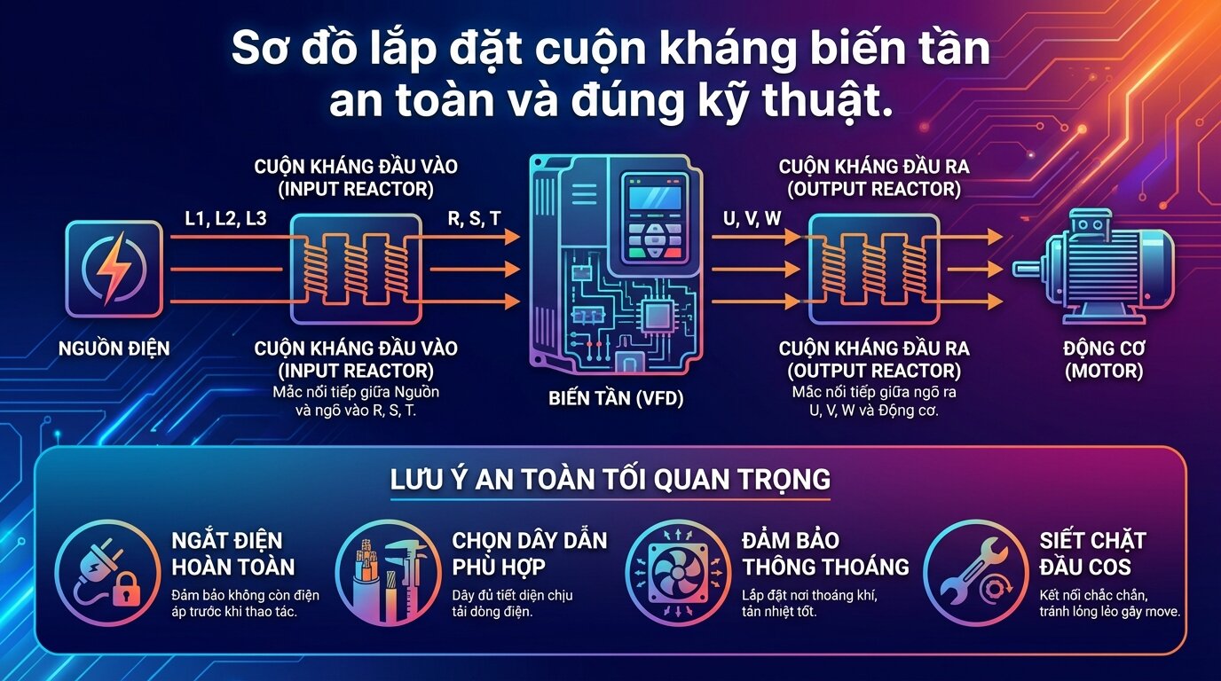 Sơ đồ lắp đặt cuộn kháng biến tần an toàn và đúng kỹ thuật.