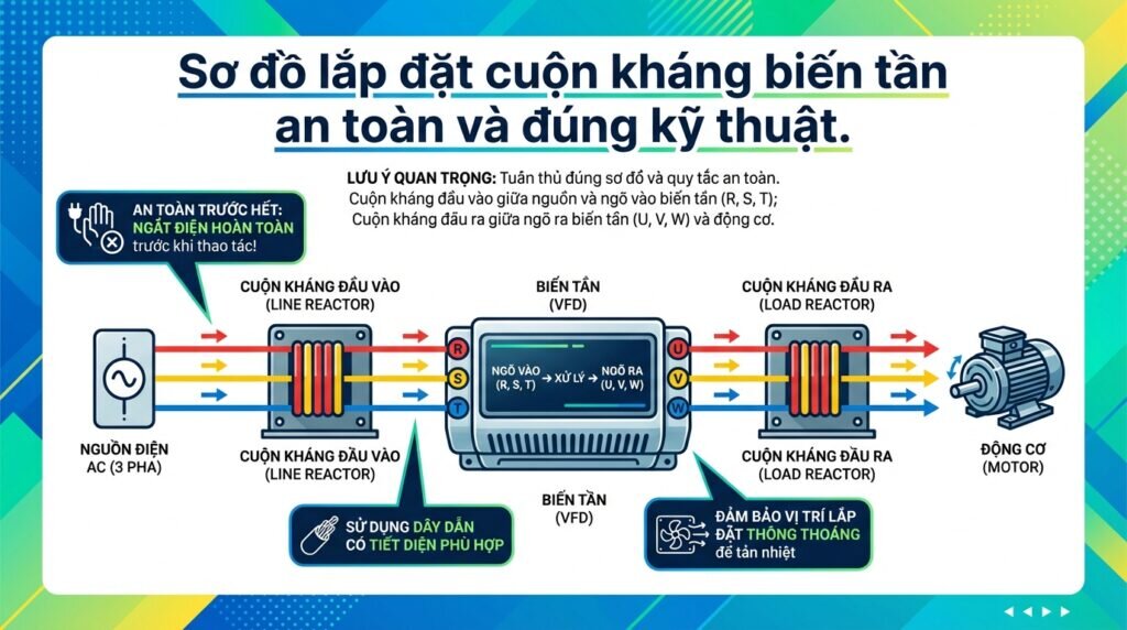 Sơ đồ lắp đặt cuộn kháng biến tần an toàn và đúng kỹ thuật.
