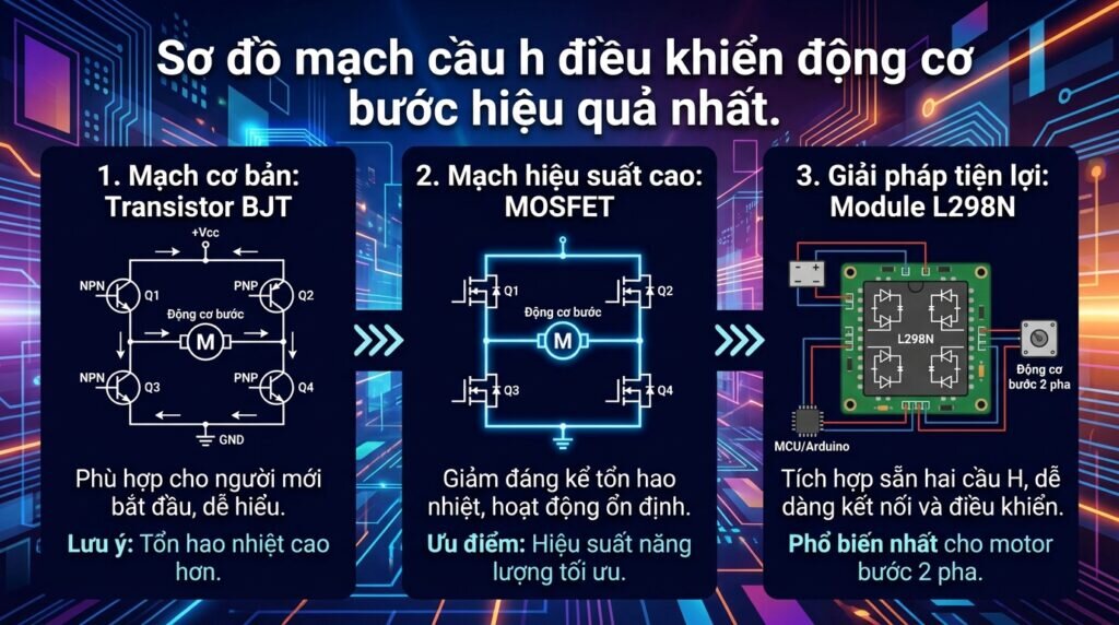 Sơ đồ mạch cầu h điều khiển động cơ bước hiệu quả nhất.