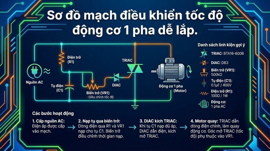 Sơ đồ mạch điều khiển tốc độ động cơ 1 pha dễ lắp.