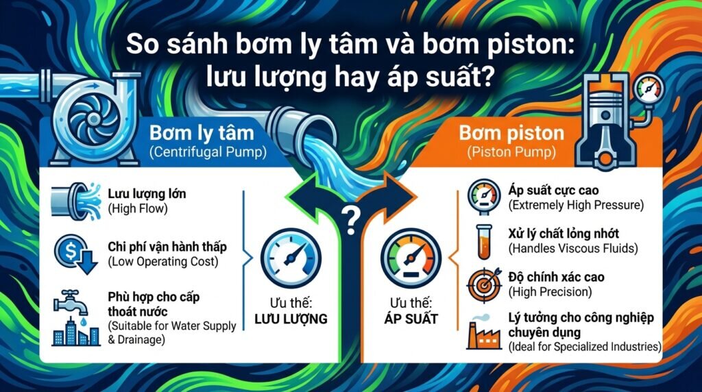 So sánh bơm ly tâm và bơm piston: lưu lượng hay áp suất?