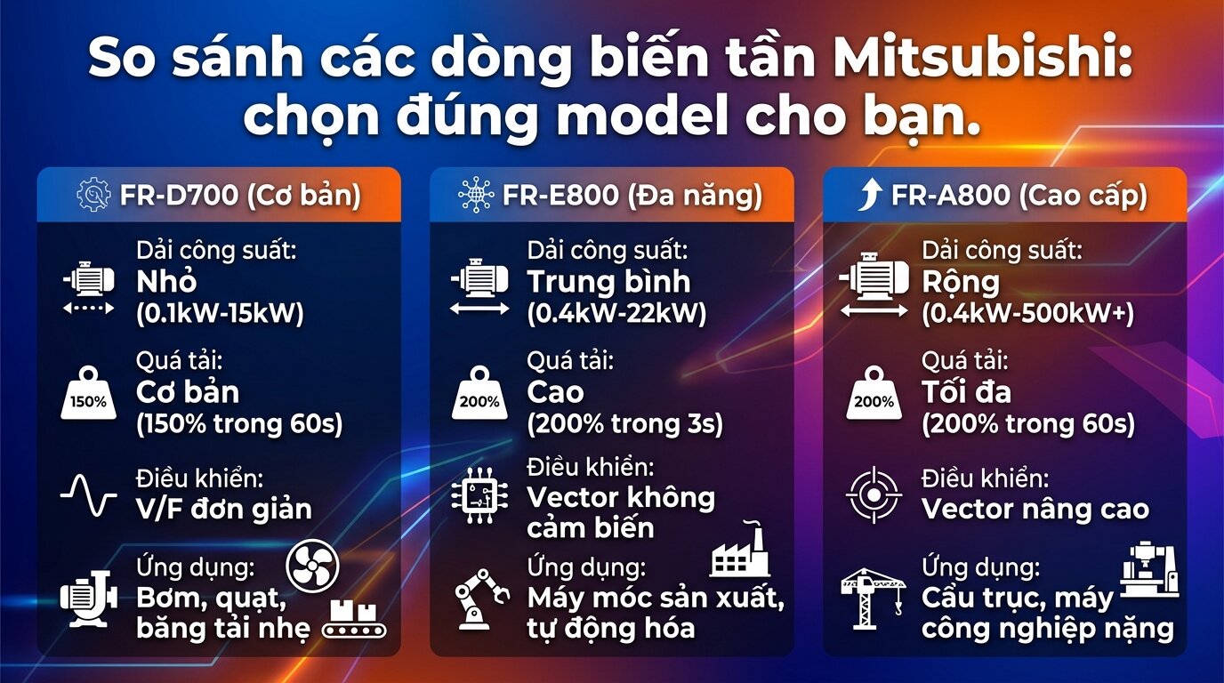 So sánh các dòng biến tần Mitsubishi: chọn đúng model cho bạn.