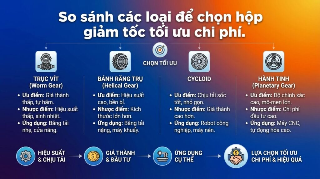 So sánh các loại để chọn hộp giảm tốc tối ưu chi phí.