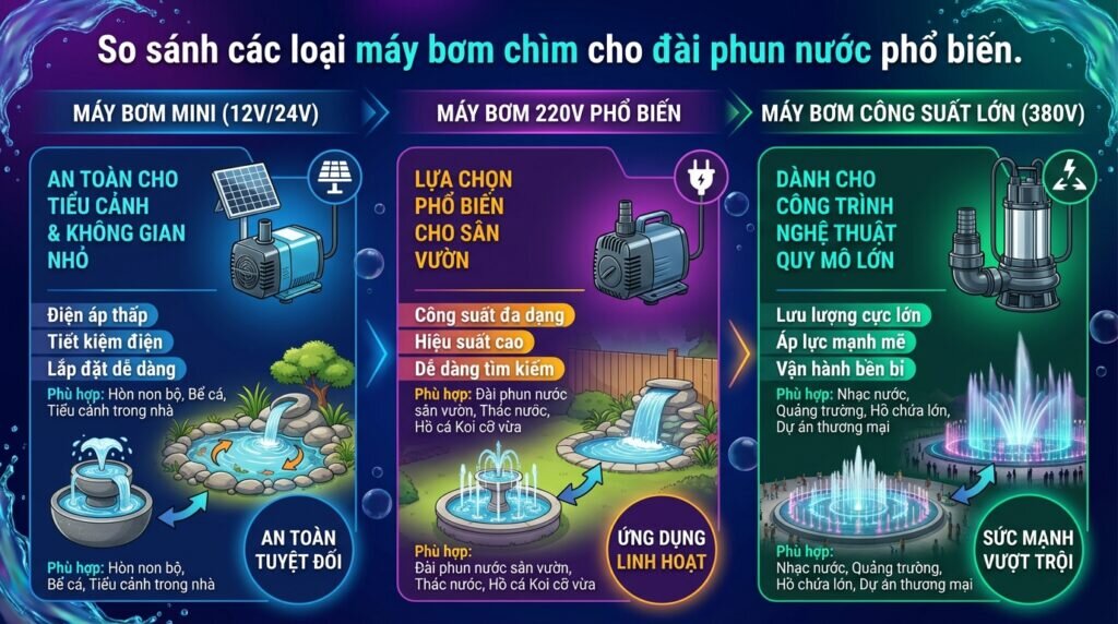 So sánh các loại máy bơm chìm cho đài phun nước phổ biến.