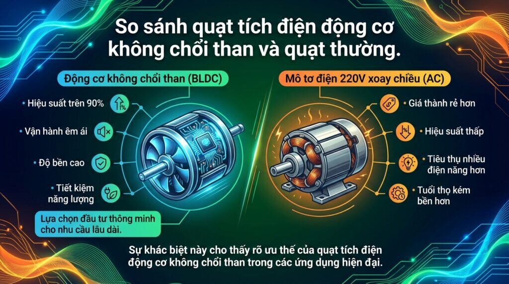 So sánh quạt tích điện động cơ không chổi than và quạt thường.
