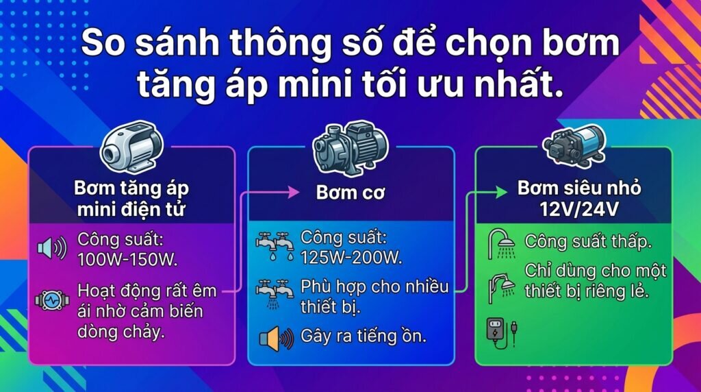 So sánh thông số để chọn bơm tăng áp mini tối ưu nhất.