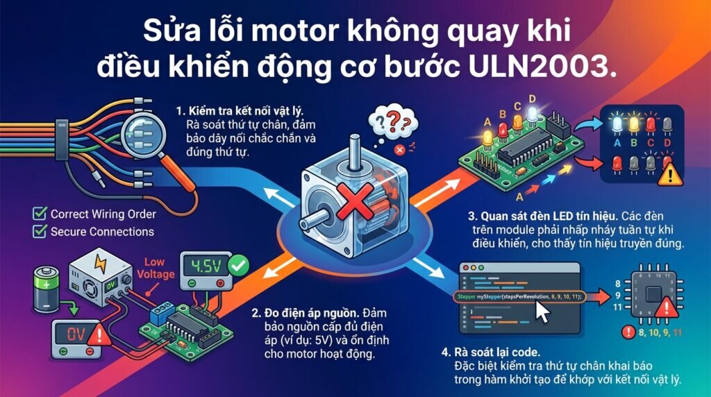 Sửa lỗi motor không quay khi điều khiển động cơ bước ULN2003.