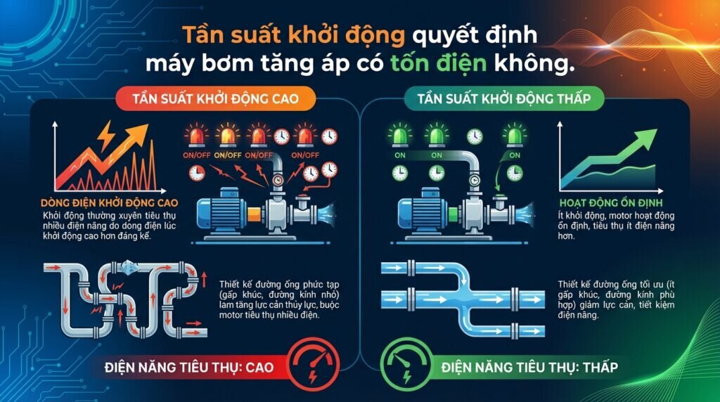 Tần suất khởi động quyết định máy bơm tăng áp có tốn điện không.