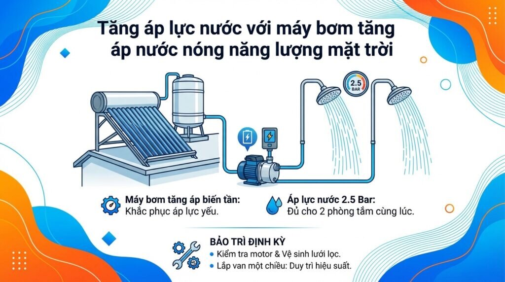 Tăng áp lực nước với máy bơm tăng áp nước nóng năng lượng mặt trời.