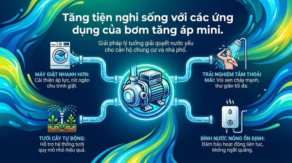 Tăng tiện nghi sống với các ứng dụng của bơm tăng áp mini.